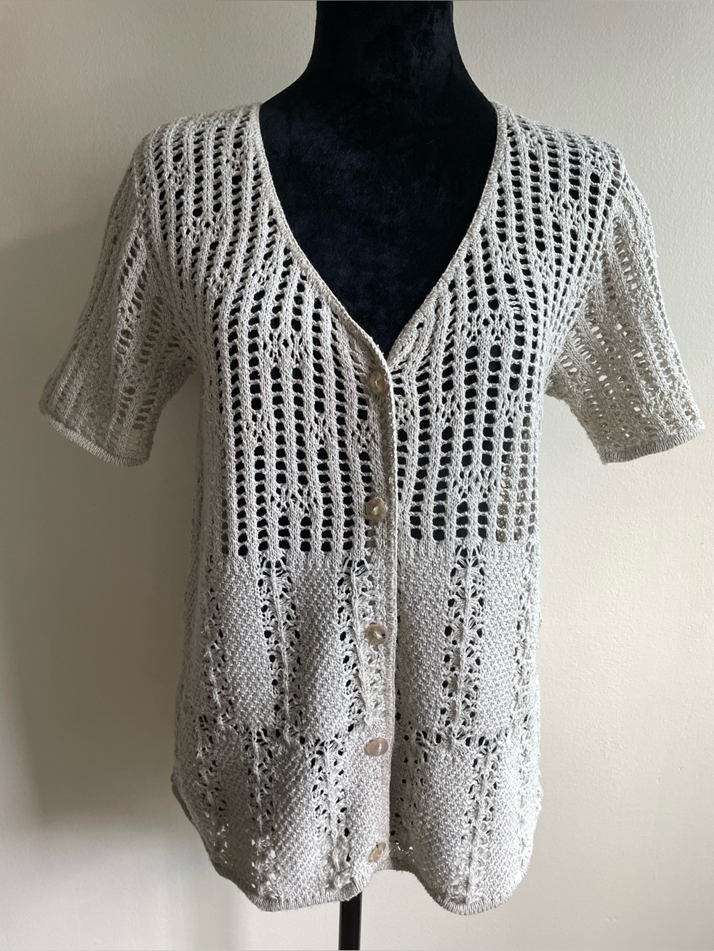 Tradition Open Knit Sweater Top Beige Button Front G/L Made in Canada